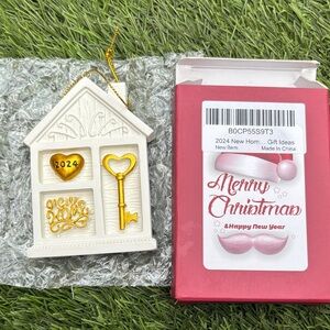 Holiday House Ornament with Gold Key and Heart - White and Gold